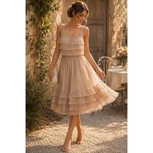 NWT Anthropologie Burlapp 100% Silk Tiered Ruffle Dress Creme Size 8